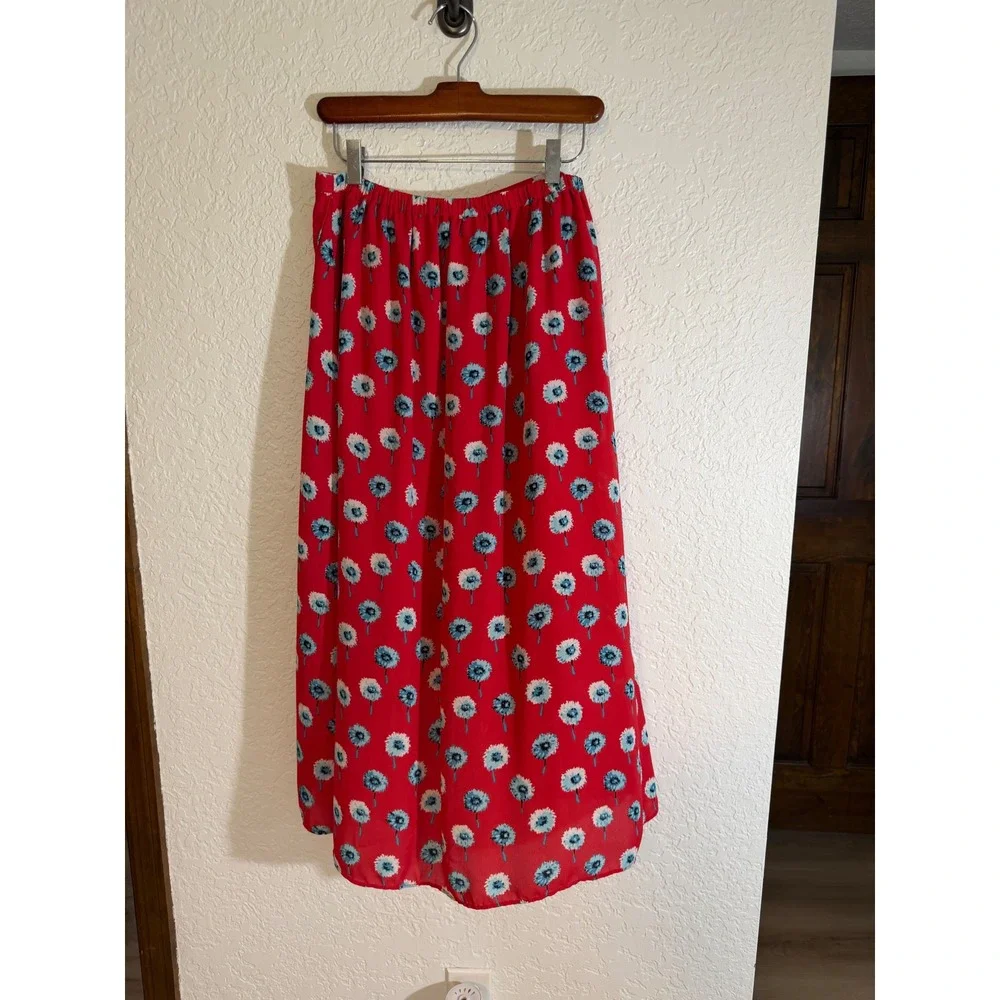 J.Crew Faux Wrap Midi Skirt Red XS Womens Floral Dandelion Casual